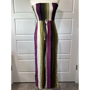 Mind Code Striped Strapless Jumpsuit Wide Leg Drawstring Waist‎ Bohemian Casual